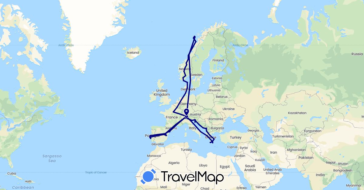 TravelMap itinerary: driving in Albania, Switzerland, Germany, Denmark, Spain, France, Greece, Croatia, Italy, Montenegro, Norway, Portugal, Sweden, Slovenia (Europe)